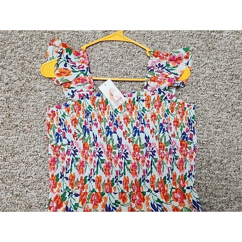 PrettyGarden Floral Smocked Midi‎ Dress Large Ruffle Sleeveless Multicolor NWT